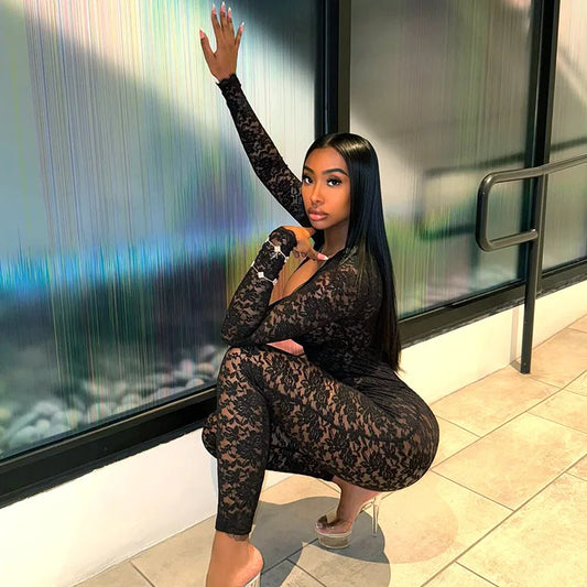 Black Lace Bodysuit Women See-Through Long Sleeve Club