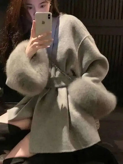 UCXQ Eleganter OL Business-Mantel Pelz-Patchwork Langarm Wollmantel Schöne Damenbekleidung Jacke Herbst 2025 Winter