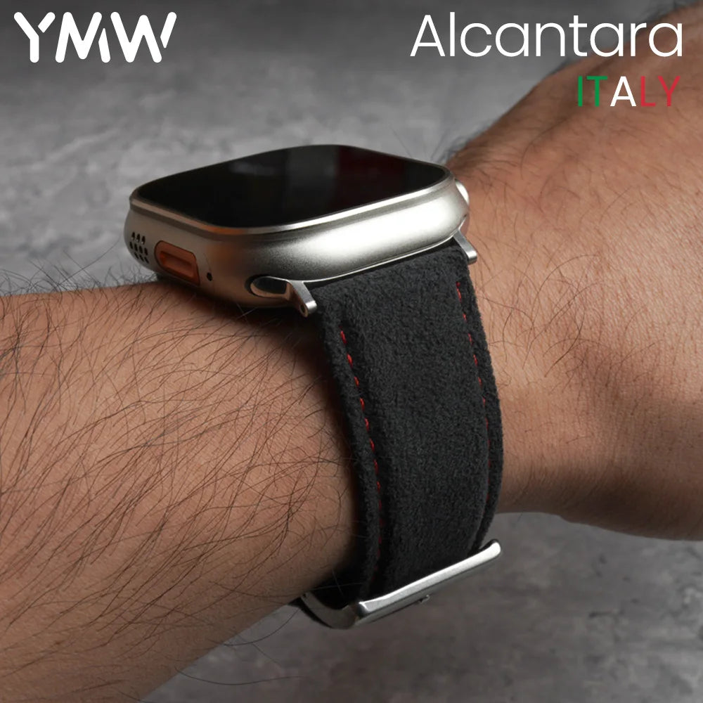 Smartwatch with a black Alcantara strap on a wrist, featuring YMW and Alcantara branding.