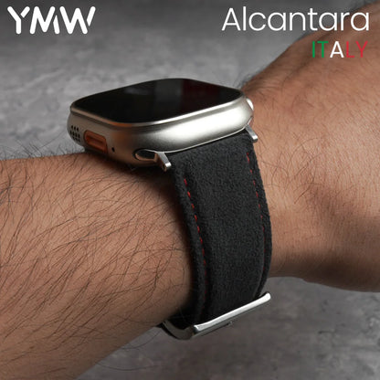 Smartwatch with a black Alcantara strap on a wrist, featuring YMW and Alcantara branding.