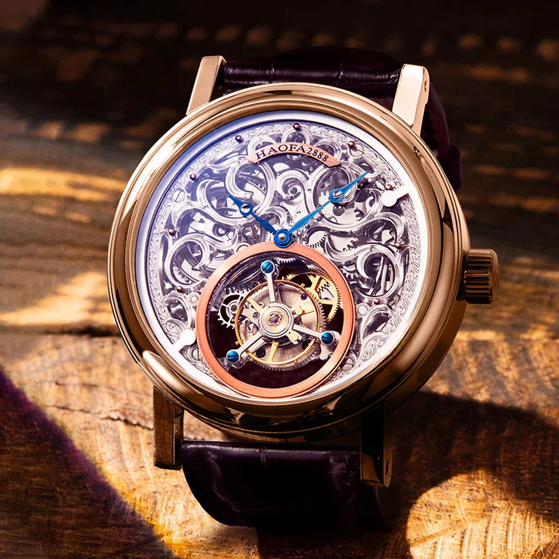 18K Gold Tourbillon Watch Hollow Carving Movement Manual Mechanical Watch Sapphire