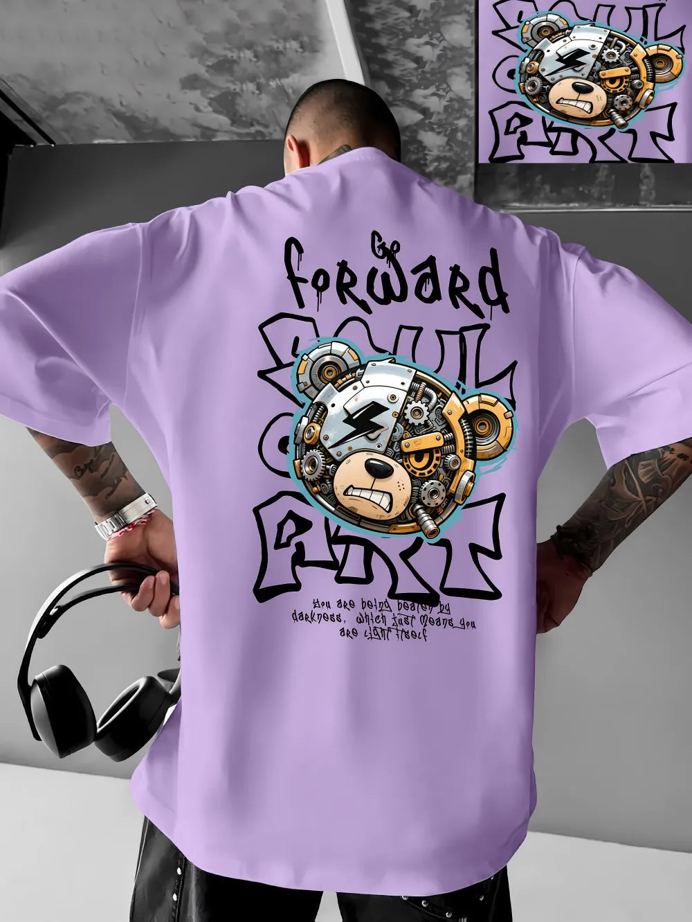Europäisches und amerikanisches Herren-T-Shirt mit mechanischem Bären-Buchstabenprint, bequem und atmungsaktiv, Rundhals, Outdoor-Street-Top für den Sommer