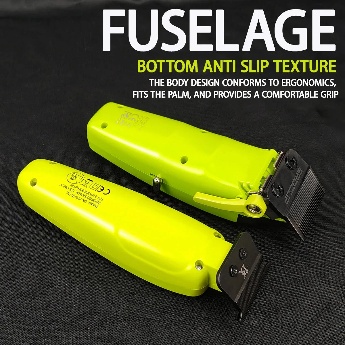 Two bright yellow grooming clippers on a black background with text about their features.