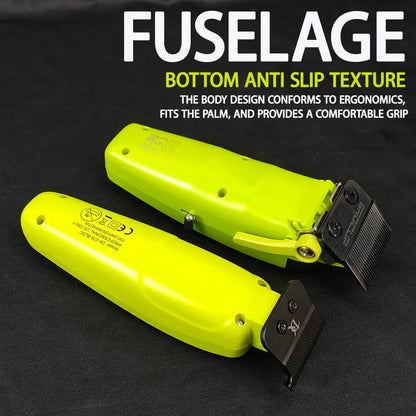 Two bright yellow grooming clippers on a black background with text about their features.