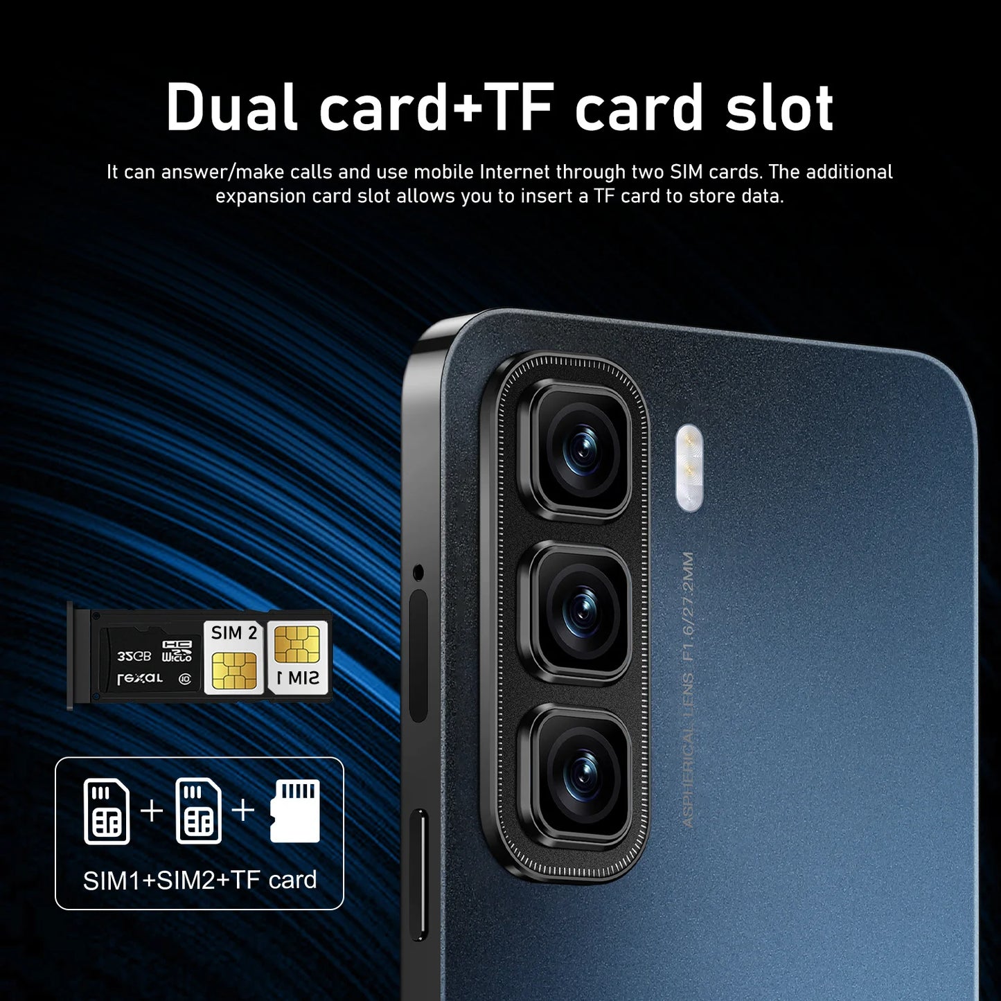 Phone with dual SIM and TF card slot features on a dark background