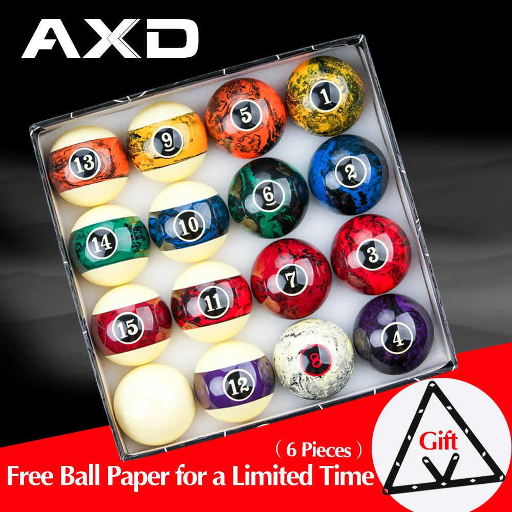 Set of pool balls with numbers in a clear box, featuring the brand 'AXD'.