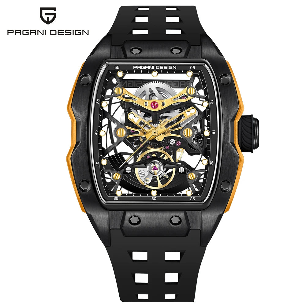 Pagani Design watch with black and orange design on a white background