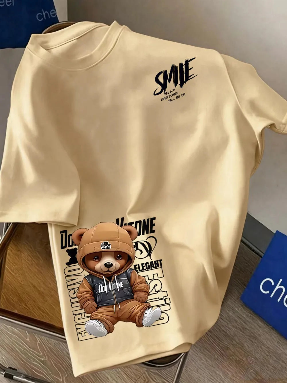 Europäisches und amerikanisches Herren-Sommer-T-Shirt mit personalisiertem Buchstaben-Bären-Print, bequem und atmungsaktiv, Rundhalsausschnitt, Outdoor-Streetwear-T-Shirt