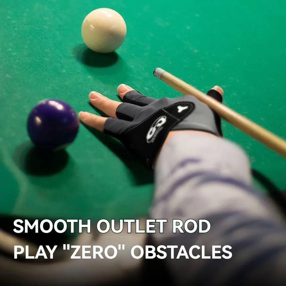 Person holding a pool cue on a green pool table with text 'Smooth Outlet Rod Play Zero Obstacles'.