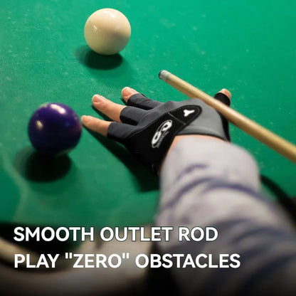 Person holding a pool cue on a green pool table with text 'Smooth Outlet Rod Play Zero Obstacles'.
