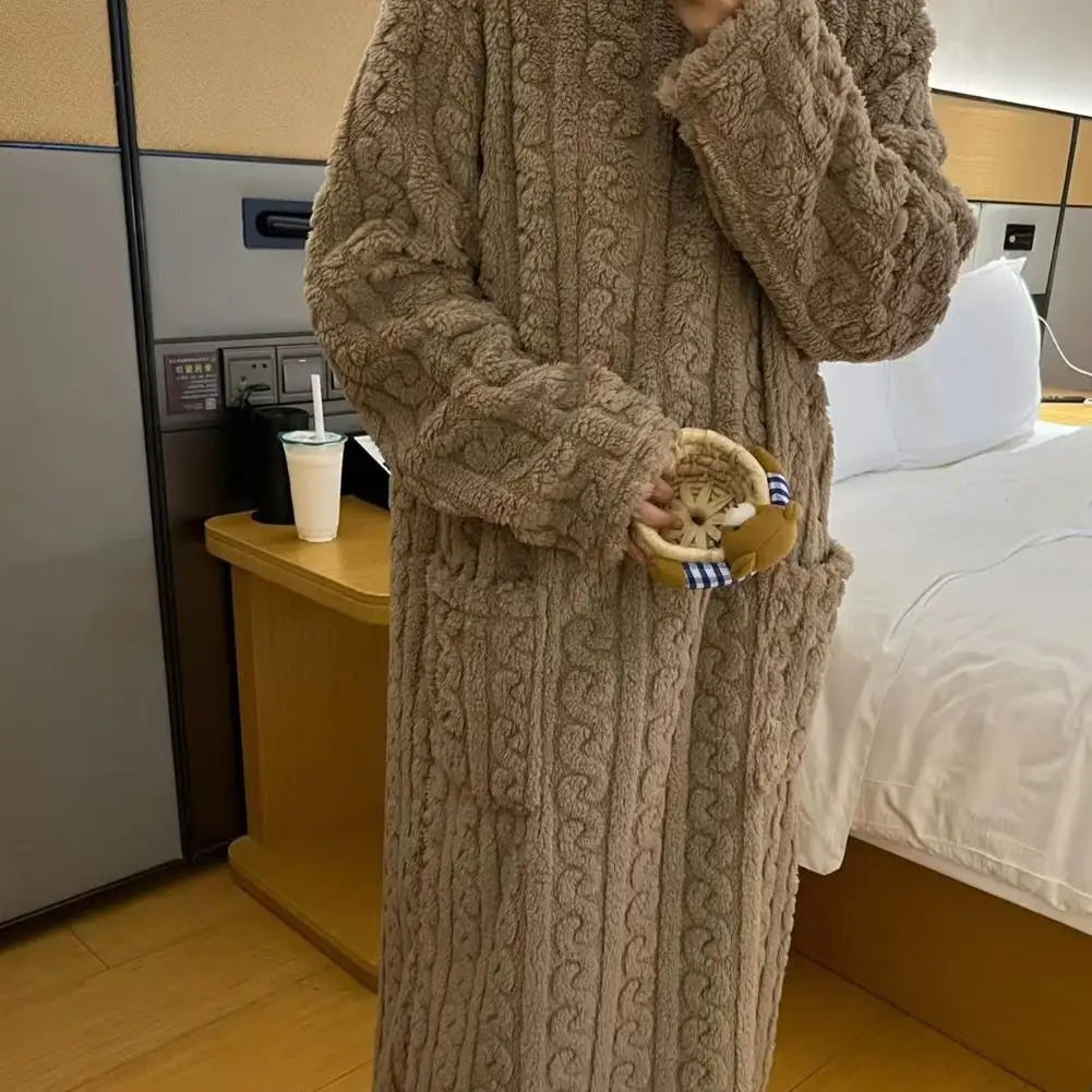 Winter Women Flannel Nightgowns Long Sleeve Double Pocket Loose Solid Sleepwear Jacquard Night Dress Thickened Warm Nightdress
