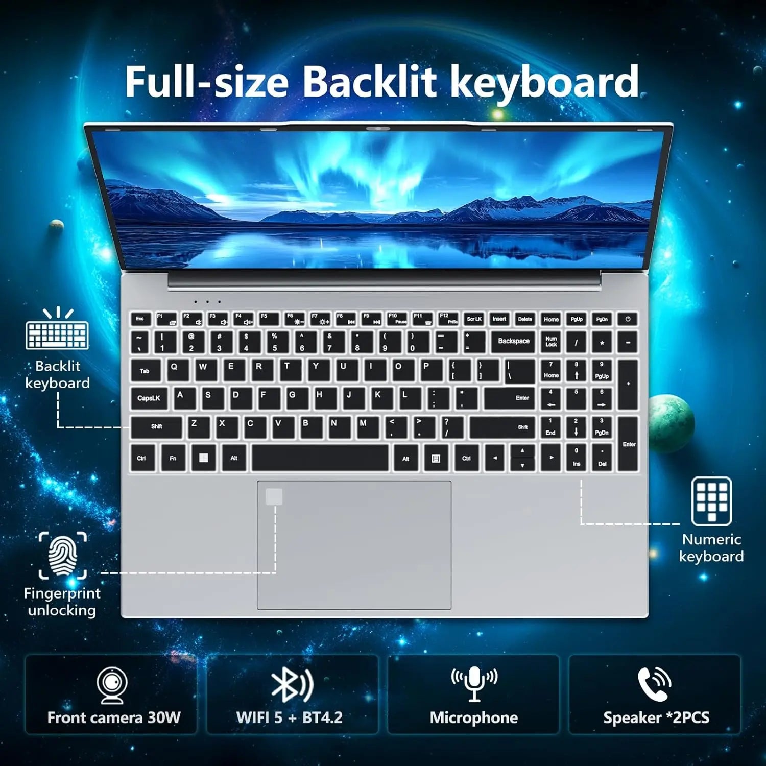 Laptop with full-size backlit keyboard and various features highlighted on a space-themed background
