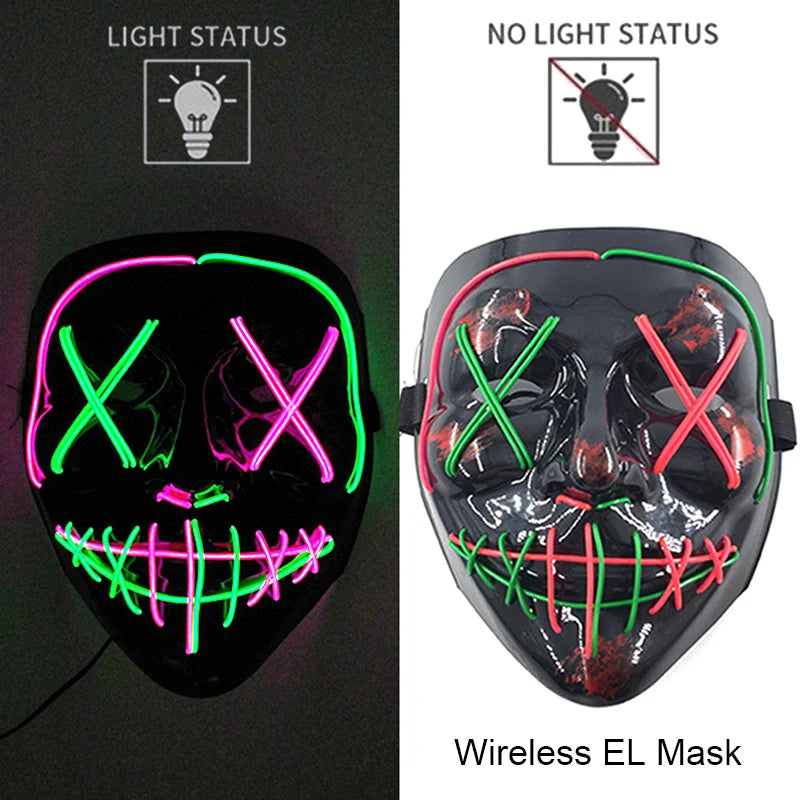 Drahtlose Neon-LED-Reinigungsmaske, im Dunkeln leuchtende Cosplay-Horrormaske, Halloween-Maskerade-Partymasken, leuchtende, lustige Verkleidung