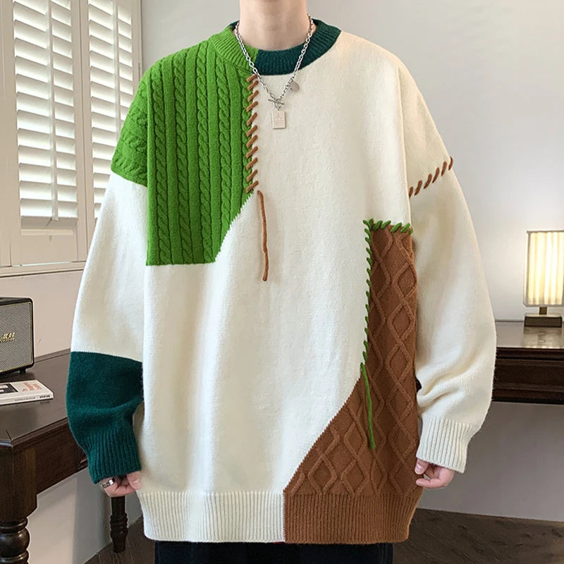 High-End Patchwork Knitwear Men's Thi Sli Loose Fit Winter New Arrival Casual Sle Polyester Fiber Long Sve round Ne