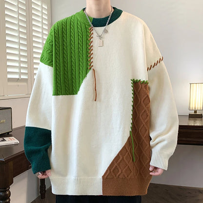 High-End Patchwork Knitwear Men's Thi Sli Loose Fit Winter New Arrival Casual Sle Polyester Fiber Long Sve round Ne