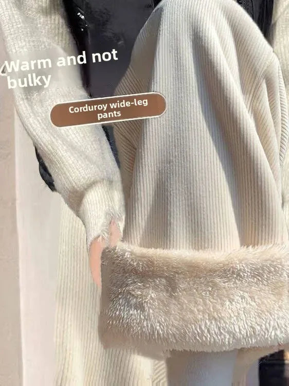 Lamb Velvet Fce Lined Thiened Wide Leg Pants Women's Loose Fit Corduroy Casual Trousers Autumn Winter plus Size Slimming