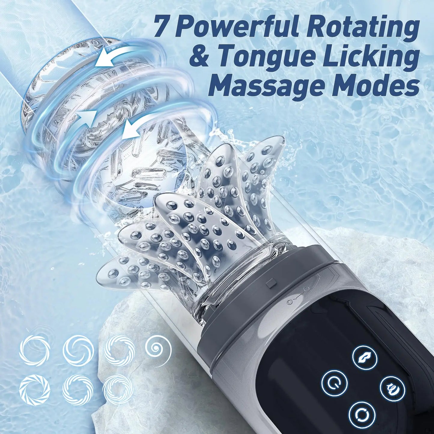 Sexual product with rotating and tongue licking massage modes on a blue background