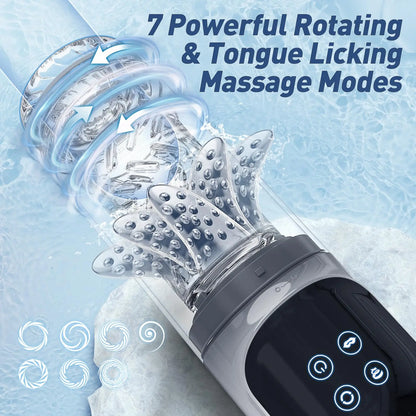 Sexual product with rotating and tongue licking massage modes on a blue background