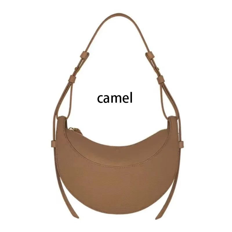 2025 French fashion genuine leather women's shoulder bag, crescent bag, niche design zipper closure shoulder crossbody bag