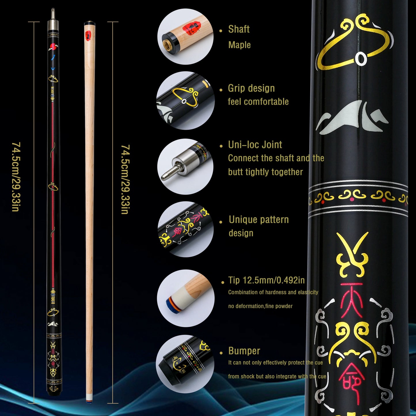 12.5mm Multi-Layer Tip Hard Maple Pool Cue with Gold Stamped Patterns - 58.66 Inch Stainless Steel Quick-Release Joint