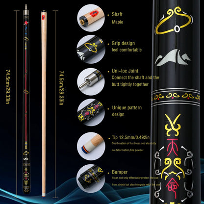 12.5mm Multi-Layer Tip Hard Maple Pool Cue with Gold Stamped Patterns - 58.66 Inch Stainless Steel Quick-Release Joint