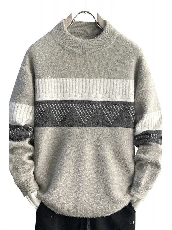 Herren Strickpullover mit geometrischem Muster, Stehkragen, warm, atmungsaktiv, lässig, als Innenbekleidung, gestreiftes Top, modisch