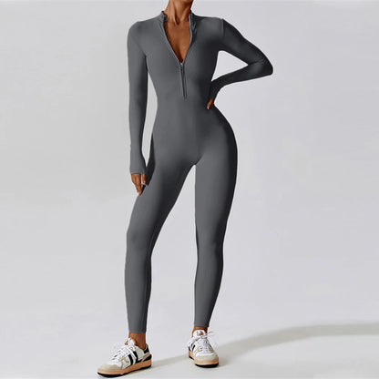 Zipper Winter Fleece Yoga Jumpsuits for Women Bodysuit Longsleeve Sport Overalls Fitness One-Piece Suit Gym Workout Tracksuit