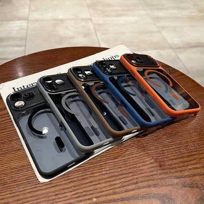 Five phone case designs on a magazine with a wooden surface background