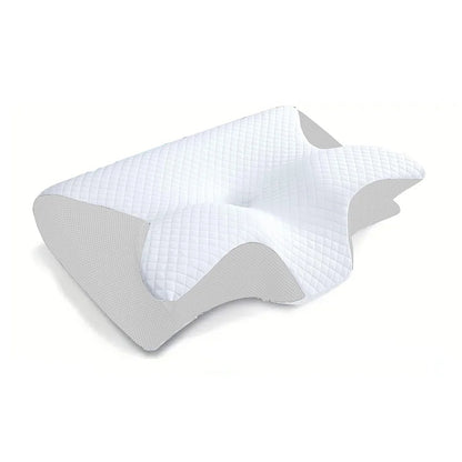 Cushion with white textured surface and gray base on a white background