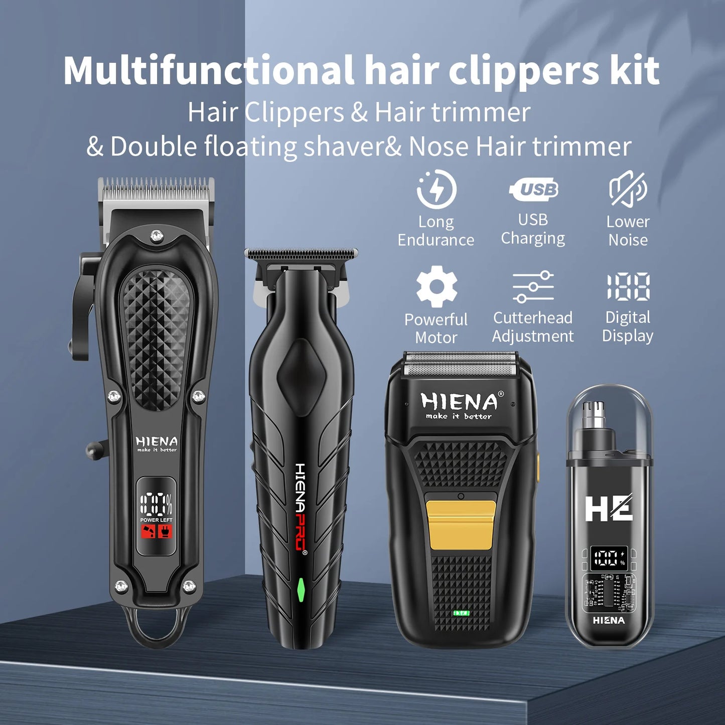 Multifunctional hair clippers kit with various tools on a blue background