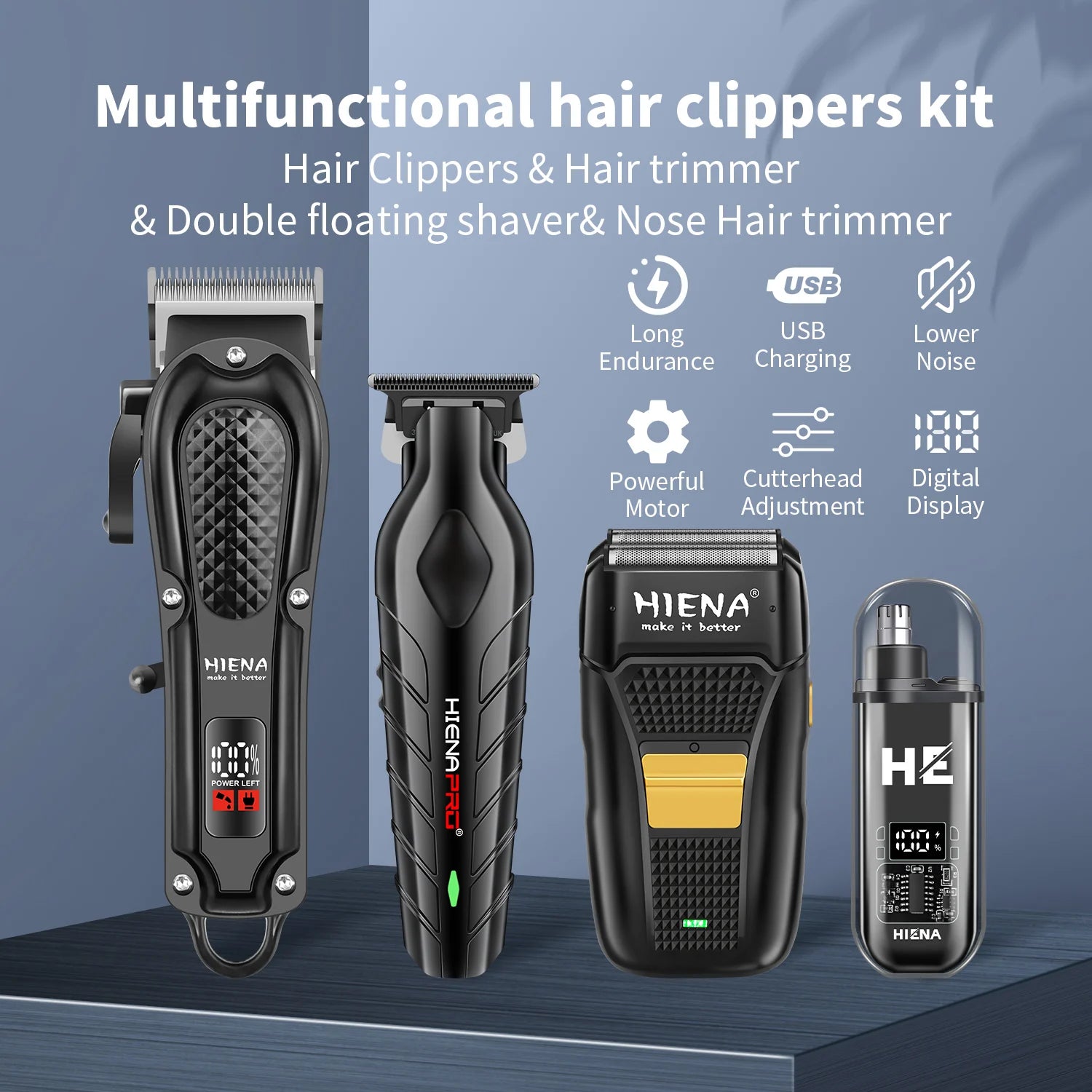 Multifunctional hair clippers kit with various tools on a blue background