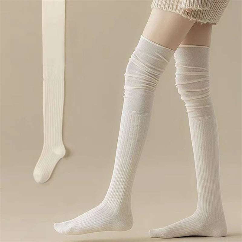 Knee High Socks for Women | Thin Long Stacked Socks Solid Colour Patchwork High Elasticity Stockings (1/3/5 Pairs)