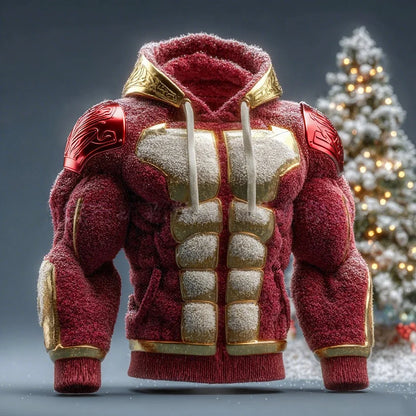 Men's Casual Sports Hoodie Fleece Lined Chest Muscle Print Long Sleeve Loose Fit Polyester Fiber Digital Print Hooded Sweatshirt