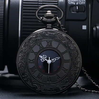 Vintage Charme Schwarz Unisex Mode Römische Ziffer Quarz Steampunk Taschenuhr Damen Herren Halskette Anhänger mit Kette Geschenke P427