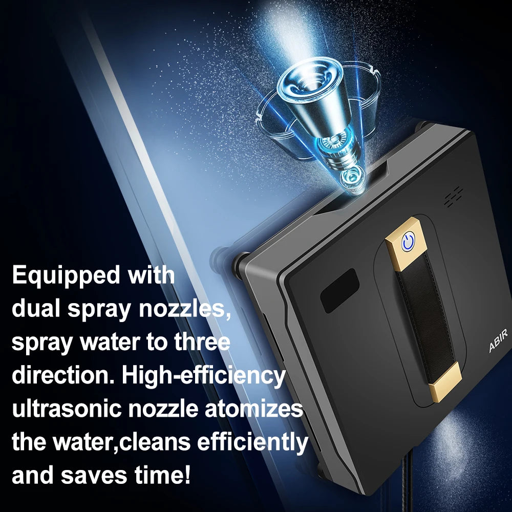 Ultrasonic cleaner with dual spray nozzles and text describing its features.