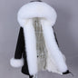 MAOMAOKONG 2023 Abnehmbarer Echtfuchs Pelzkragen Mäntel Damen Winterjacke Kapuze Kaninchenfellfutter Lange Parkas Damenbekleidung