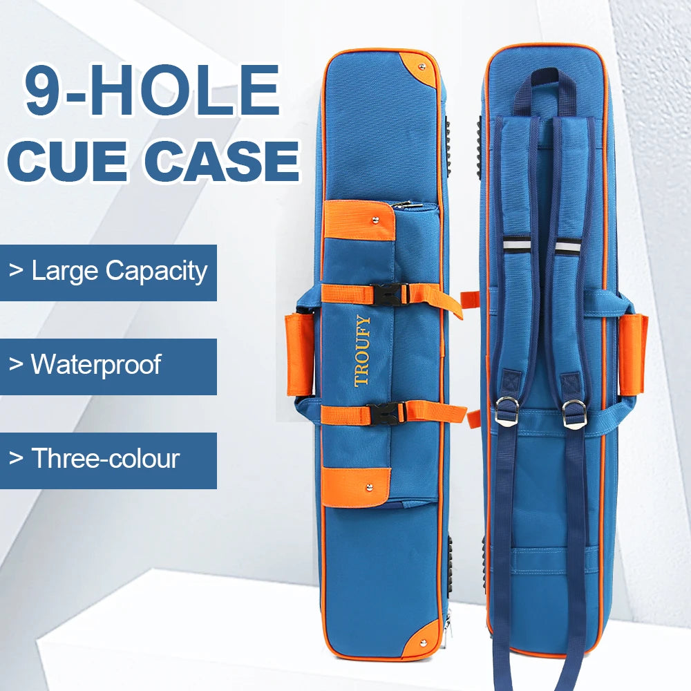 Blue and orange 9-hole cue case with features highlighted on a white background