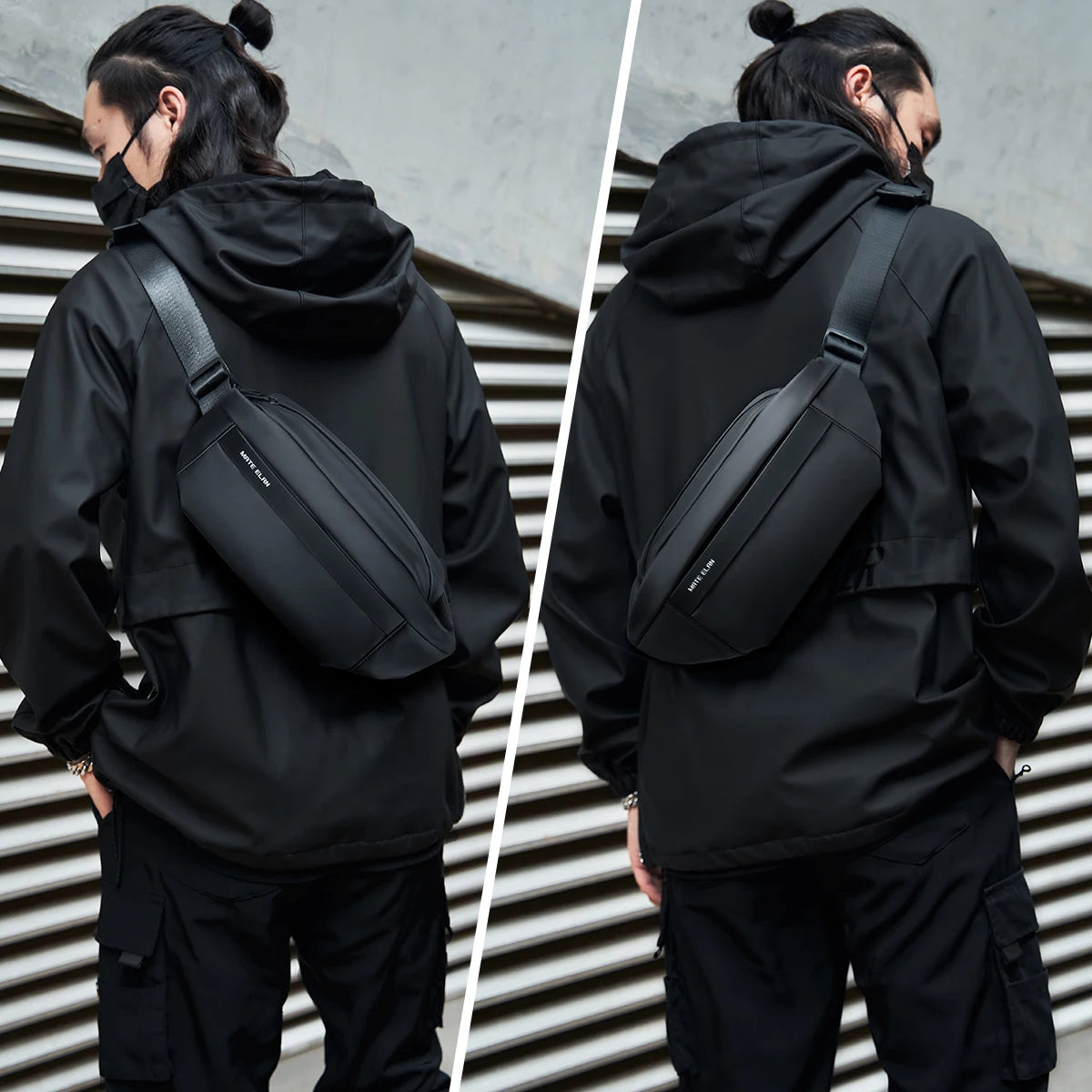 Person wearing a black hooded jacket with a crossbody bag against a corrugated metal background