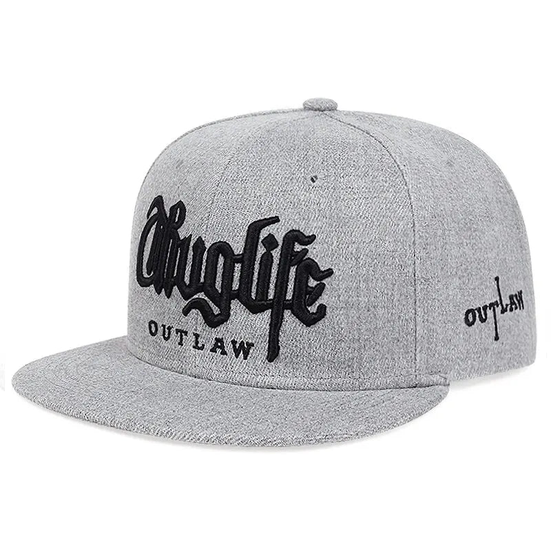 Gray cap with 'Chug Life Outlaw' text on a white background