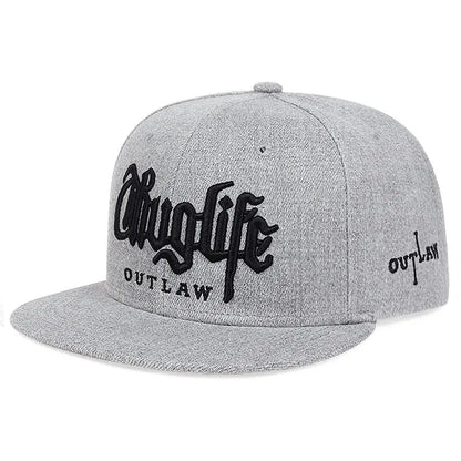 Gray cap with 'Chug Life Outlaw' text on a white background