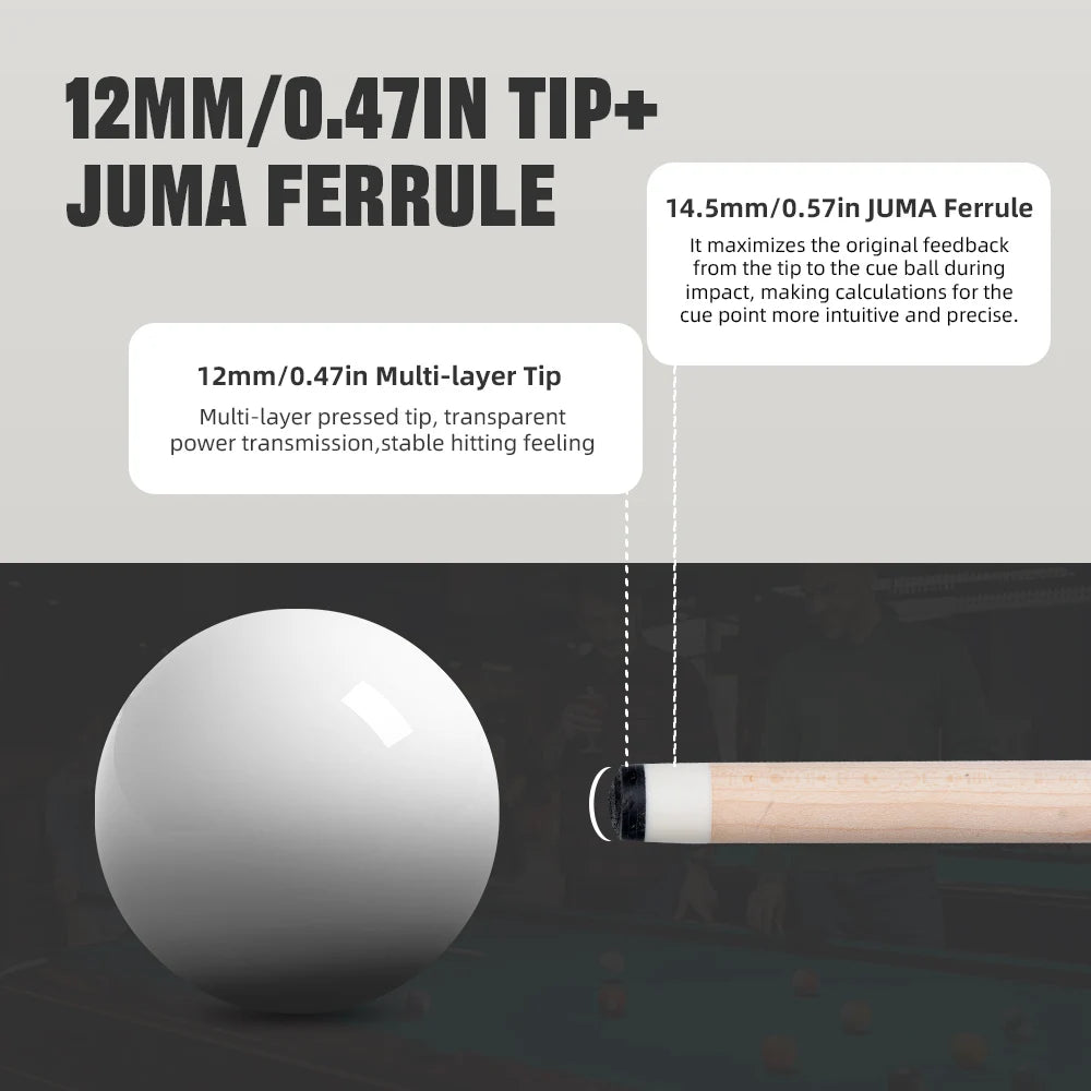 Billiard cue tip and ferrule with text on a gray background