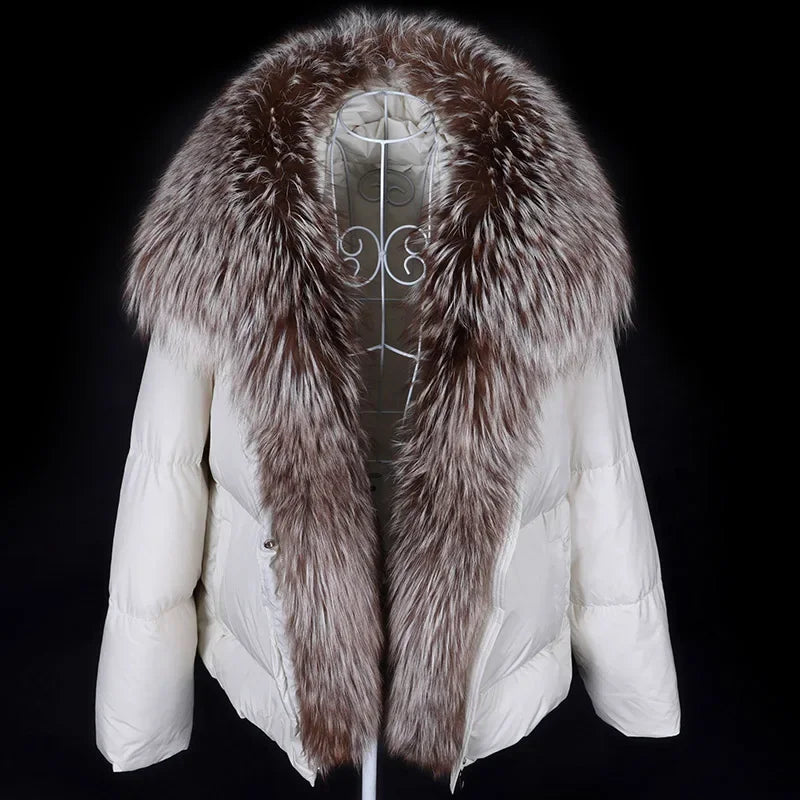 2025 MAOMAOKONG White Duck Down Jacket Winter Women Warm Loose Coat Natural Real Fox Fur Collar Thick Luxury Outerwear parkas