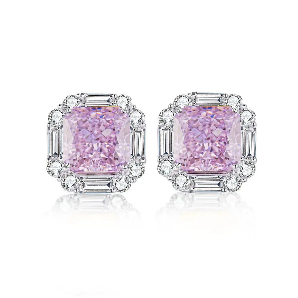 Luxury white gold solid platinum PT950 pink diamond earrings cherry powder ins wind ray dean ice flower cut