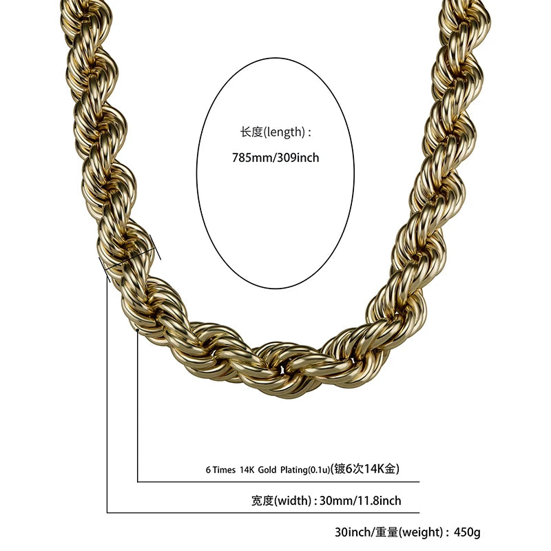 20MM/30MM/35MM Big Heavy Gold Silver Color Twist Rope Chain Necklace for Men HIP HOP Rapper Jewelry