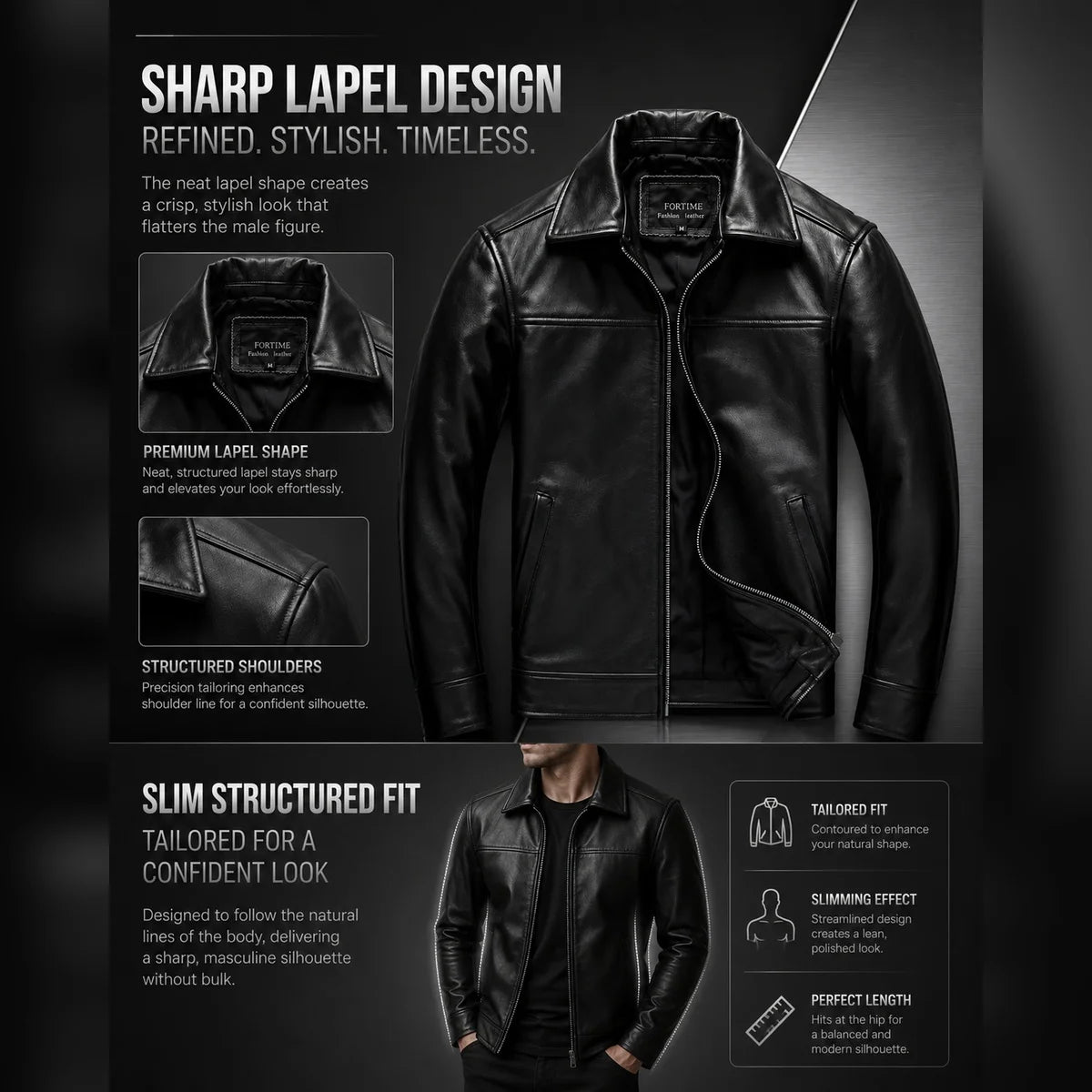 Black leather jacket with features highlighted on a dark background