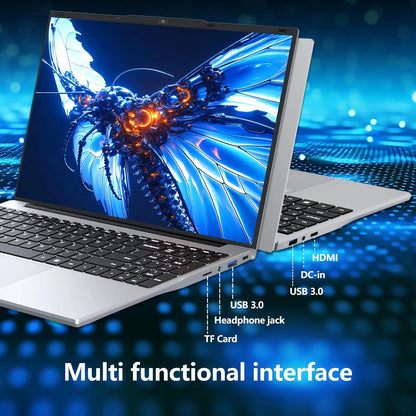 Laptop with multi-functional interface features on a blue abstract background