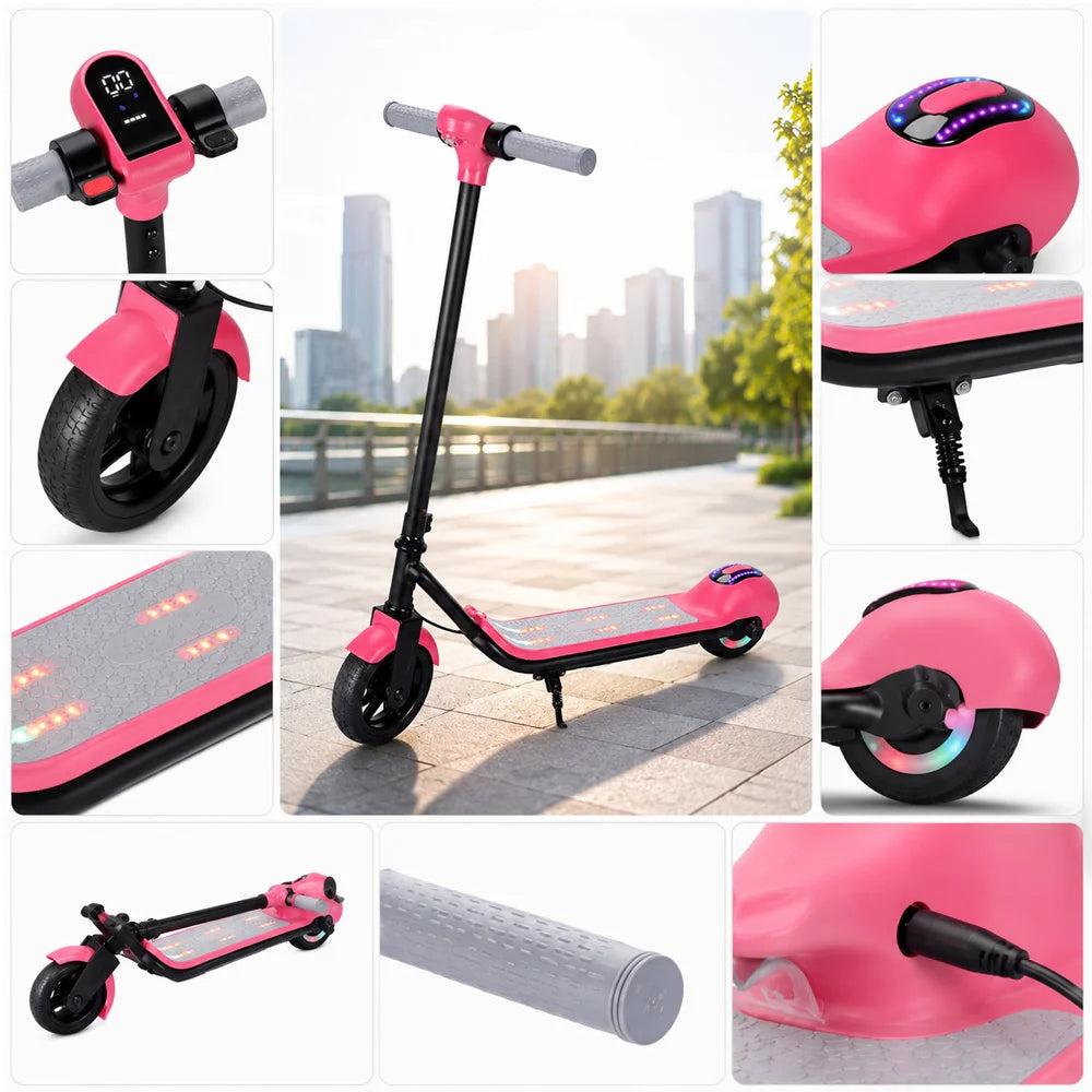 Collage of a pink electric scooter with various features and settings displayed.