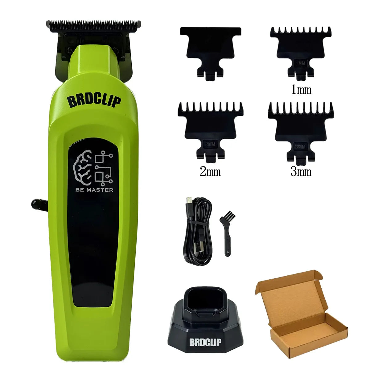 Green beard trimmer set with attachments and charging station on a white background