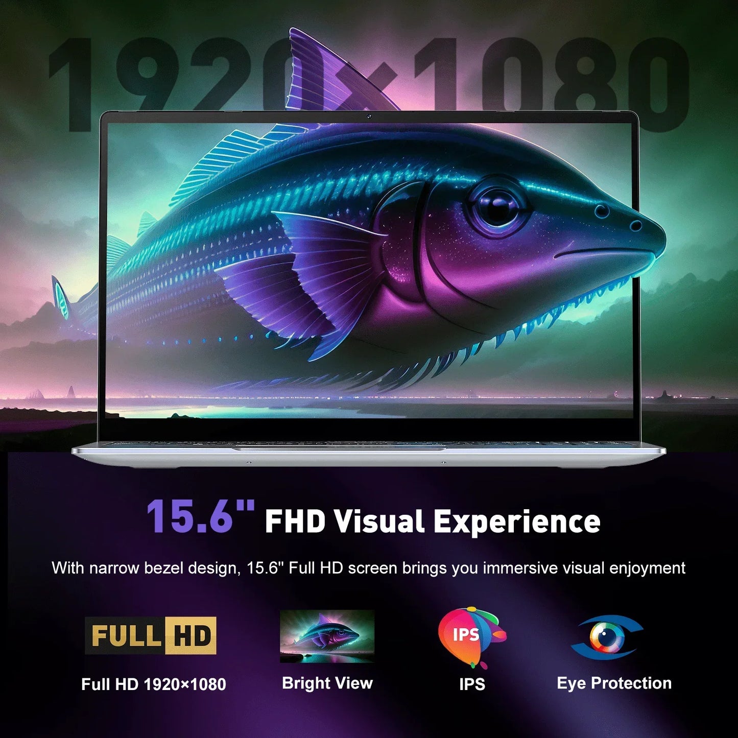 Laptop with a fish on the screen displaying 1920x1080 resolution, 15.6" FHD Visual Experience, and features like Full HD, Bright View, IPS, and Eye Protection.