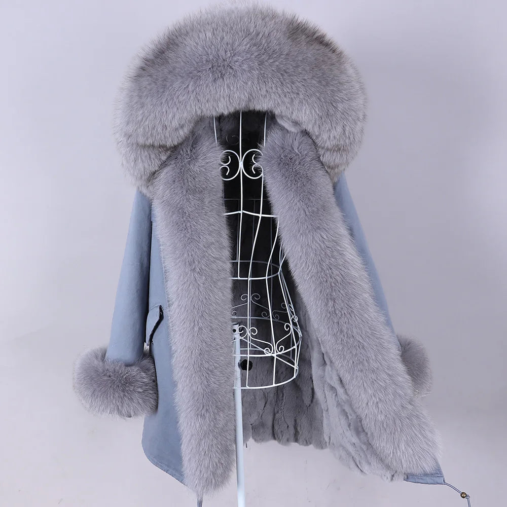 MAOMAOKONG 2023 Abnehmbarer Echtfuchs Pelzkragen Mäntel Damen Winterjacke Kapuze Kaninchenfellfutter Lange Parkas Damenbekleidung